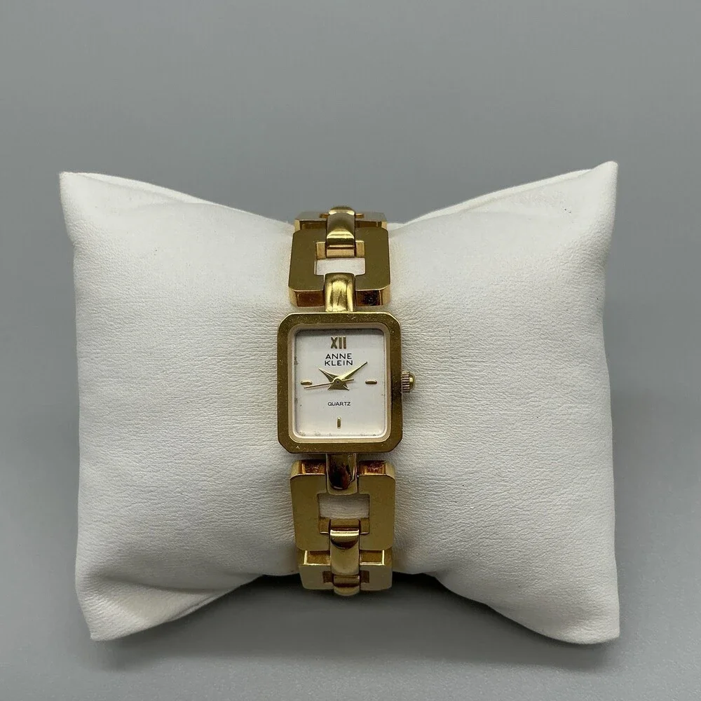 Anne Klein Womens Watch 16mm White Dial Gold Tone Square Link New Battery 6.75